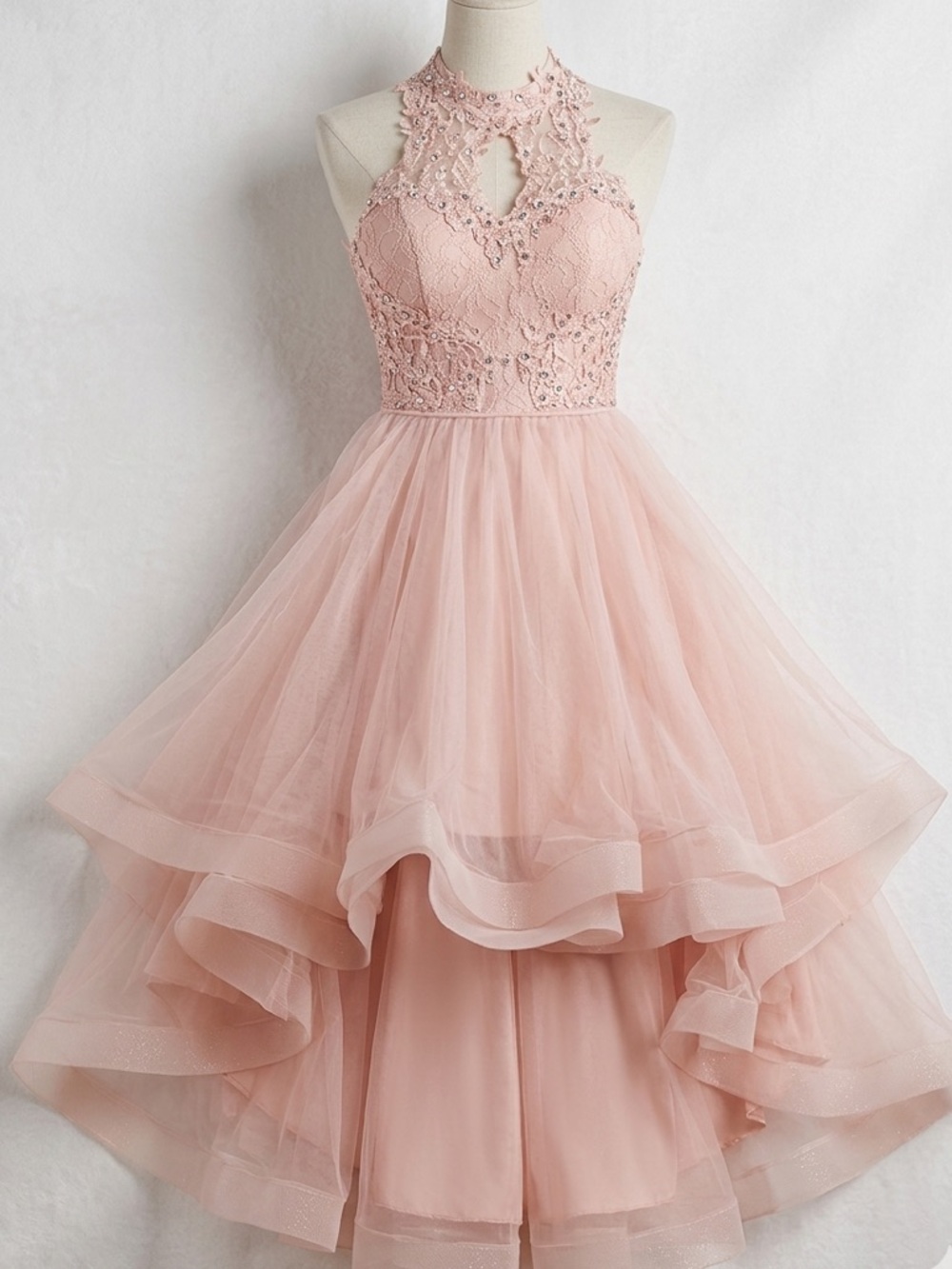 Say Yes to the Prom Blush Pink Lace High-Low Dress - Size 1